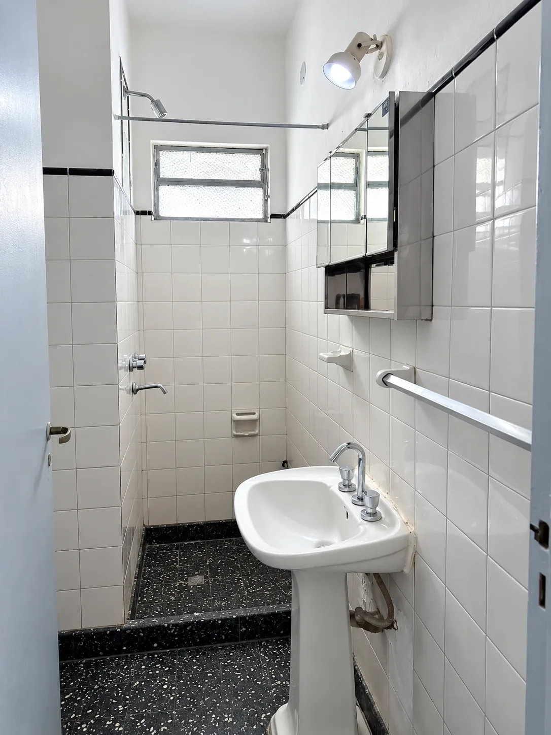 El baño completo: ducha, lavatorio de pie y botiquín con espejo