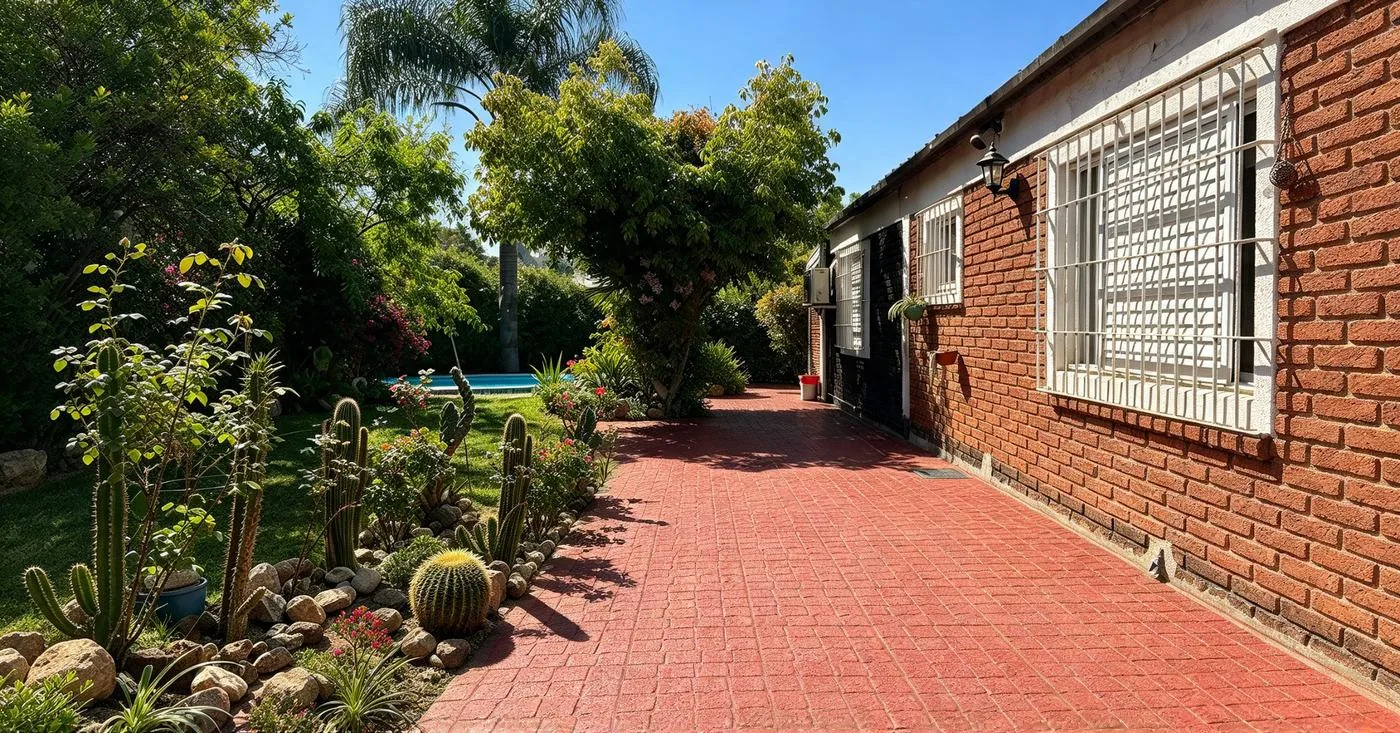 El patio lateral embaldosado, con cantero de cactus, que lleva hasta la pileta