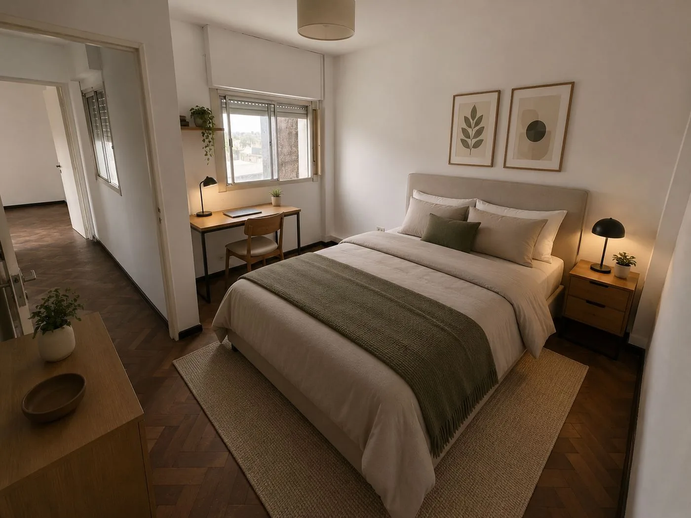 El segundo dormitorio ambientado: cama de dos plazas, escritorio bajo la ventana y cómoda · Imagen ambientada con IA