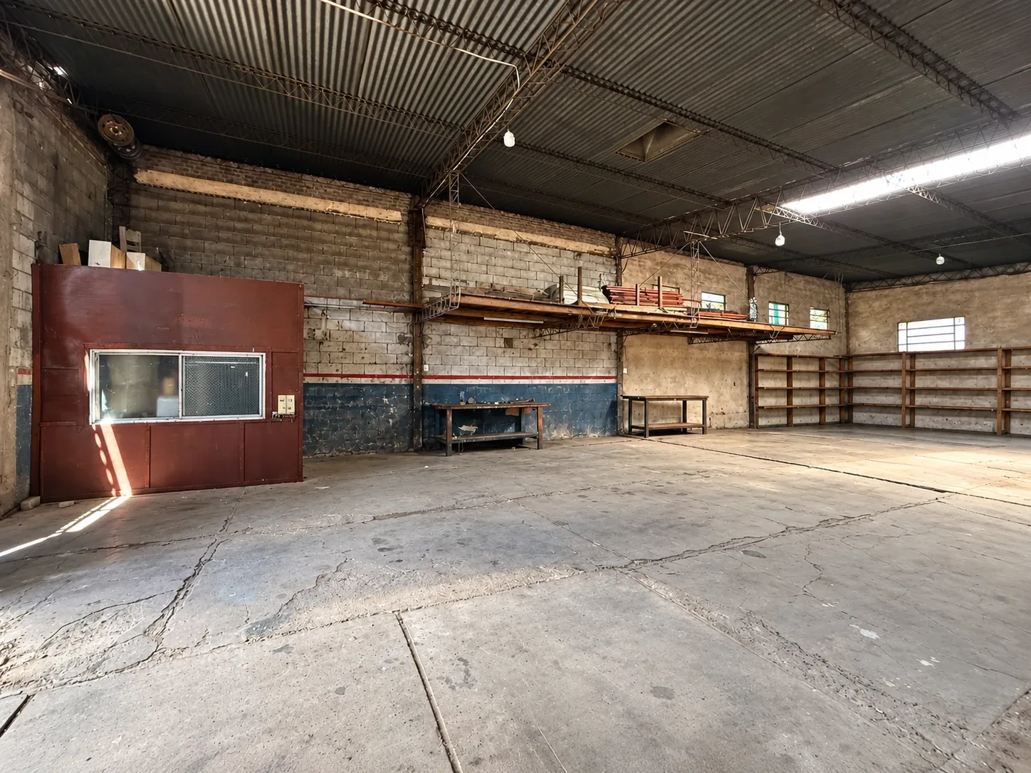 La oficina vidriada, junto a la pared lateral de la nave