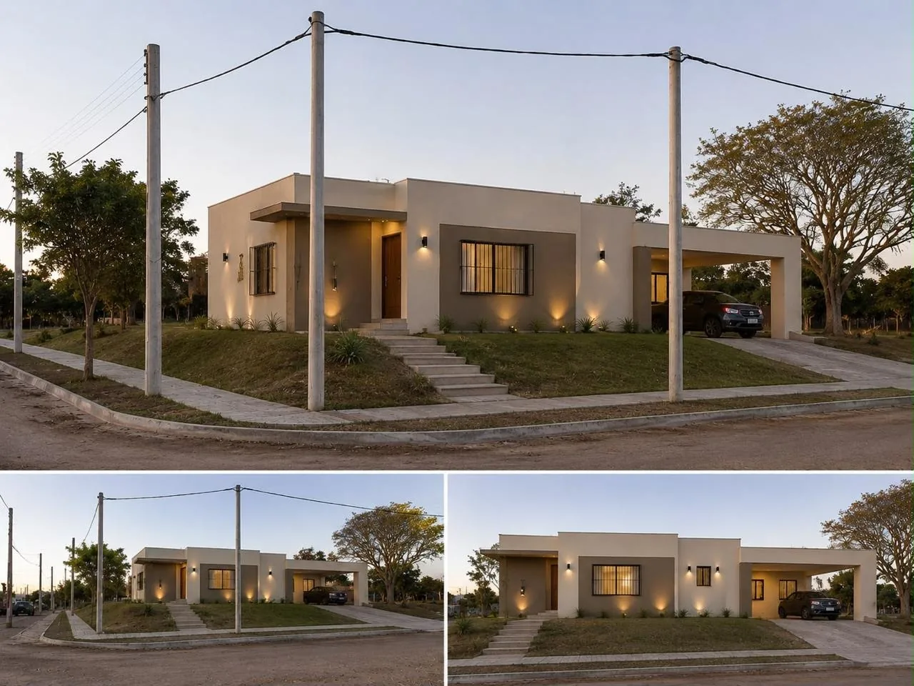 Así podría verse una casa construida en la esquina, desde tres ángulos · Imagen ambientada con IA